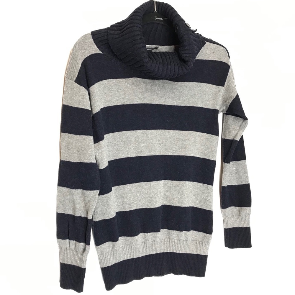 Banana Republic Cowl‎ Neck Blue Gray Stripe Sweater Long Sleeve Wide Stripe
